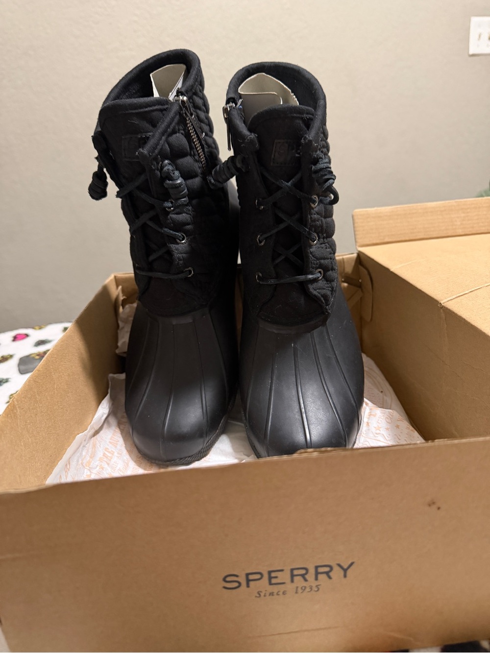Sperry Black Lace-Up Waterproof Duck Boots with Side Zippers